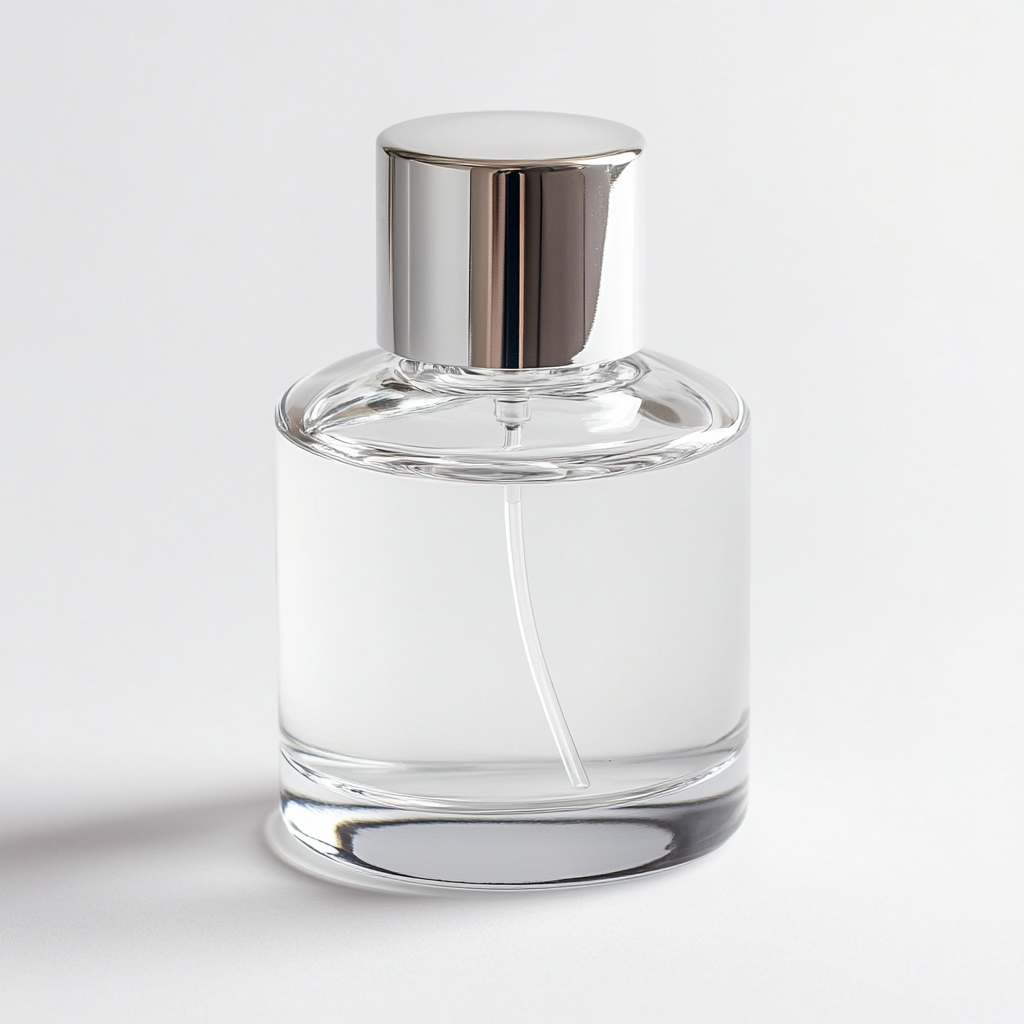 Luxury modern fragrance bottle with sleek glass design, elegant metallic cap, and minimalist branding—perfect for high-end perfume packaging and beauty aesthetics